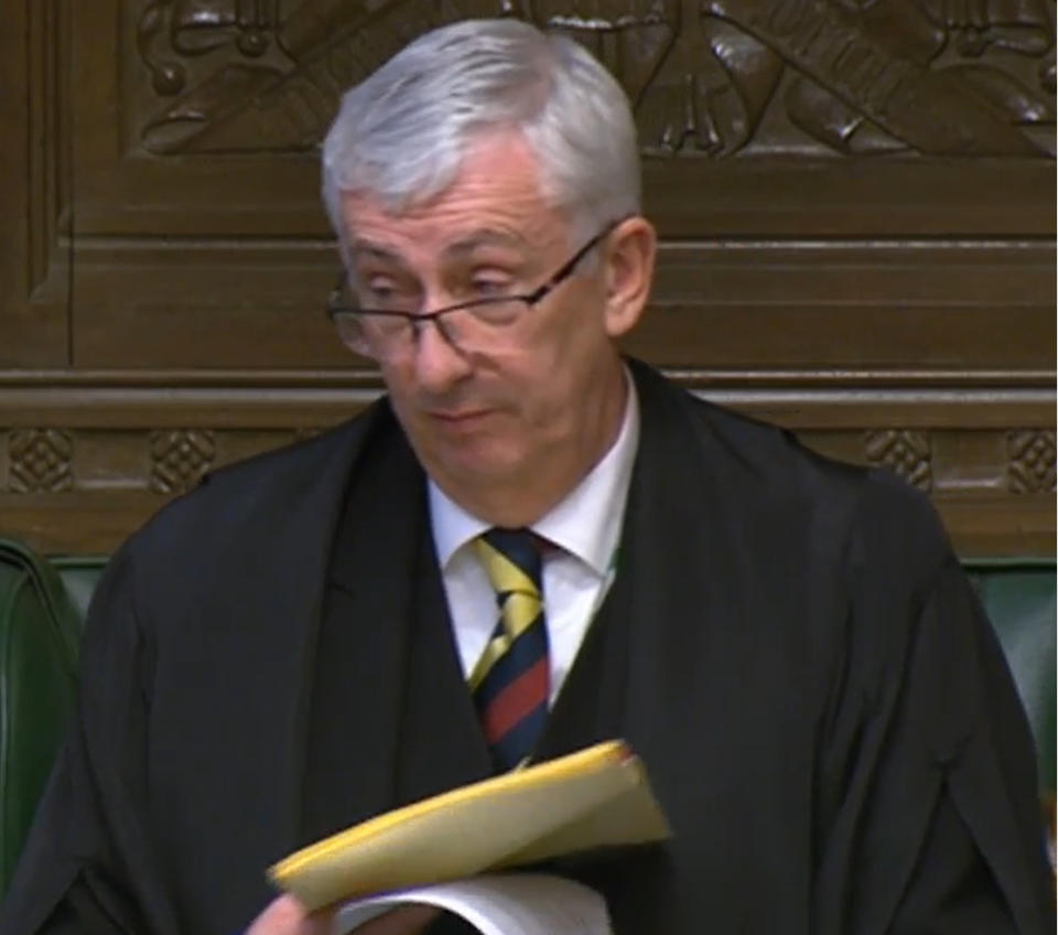 House of Commons Speaker Sir Lindsay Hoyle reading out a statement in the House of Commons, London, prior to Prime Minister's Questions, in which he said the Government has shown a "total disregard" for Parliament with its handling of Covid-19 regulations and that he would not select any amendments to the motion to renew the Covid-19 regulations to avoid ÒuncertaintyÓ and possible legal challenges. (Photo by House of Commons/PA Images via Getty Images)