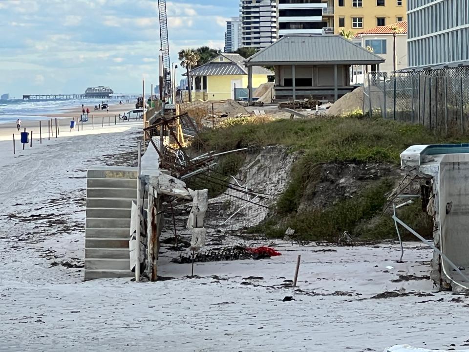 This is what remains of the sea wall behind the old La Playa Resort & Suites at 2500 N. Atlantic Ave. in Daytona Beach on Monday, Oct. 16, 2023. The oceanfront hotel has been closed since 2016. Last year's Tropical Storm Nicole washed away most of the sea wall.