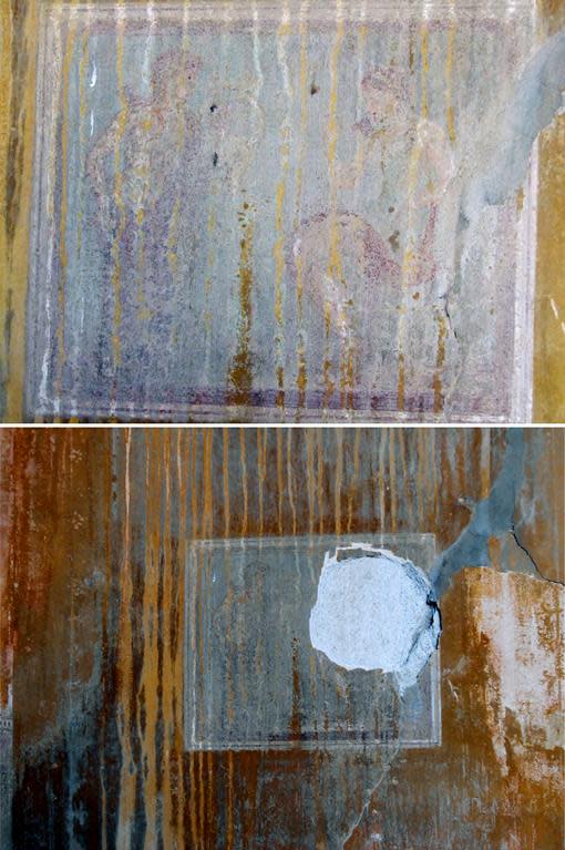 A handout combination of photo released by the Italian culture minister press office on March 18, 2014 shows an ancient fresco from Pompeii (top) and the same fresco after thieves removed the portrait of a Greek deity from it