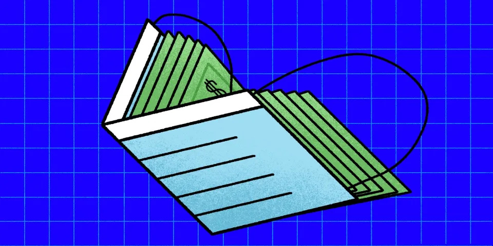 An illustration of a surgical mask, folded and containing stacks of money.