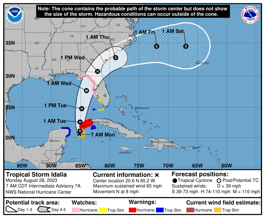 This is the 8 a.m. static cone forecast track for Tropical Storm Idalia. It shows the probable path of the storm center but does not show the size of the storm.