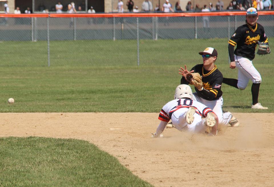 Pontiac's Michael Kuska slides into second base with a stolen base against Reed-Custer Saturday.