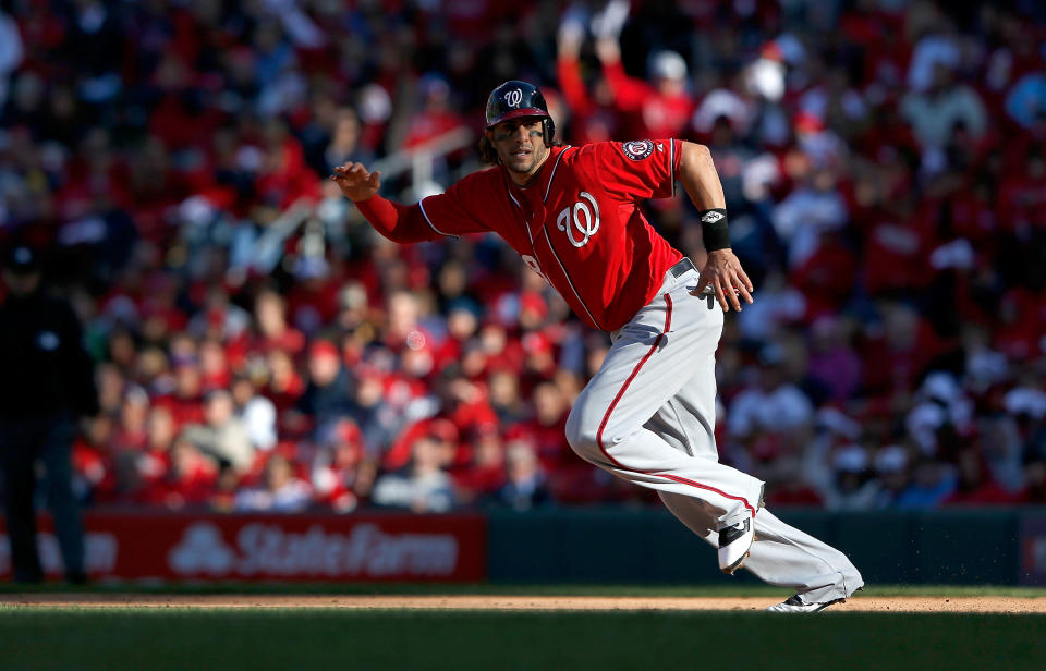 Michael Morse #38 of the Washington Nationals runs to second against the St Louis Cardinals during Game One of the National League Division Series at Busch Stadium on October 7, 2012 in St Louis, Missouri. (Photo by Jamie Squire/Getty Images)