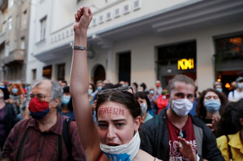 People attend a protest in support of the students of the University of Theatre and Film Arts during their blockade in Budapest