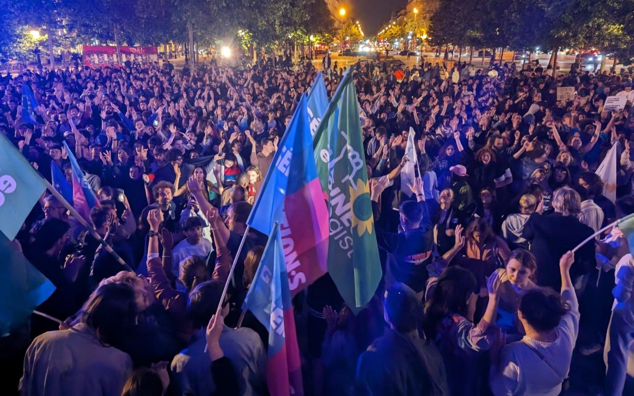 Hundreds of left-wing demonstrators gather for a protest against far-right parties at the Place de la Republique in Paris