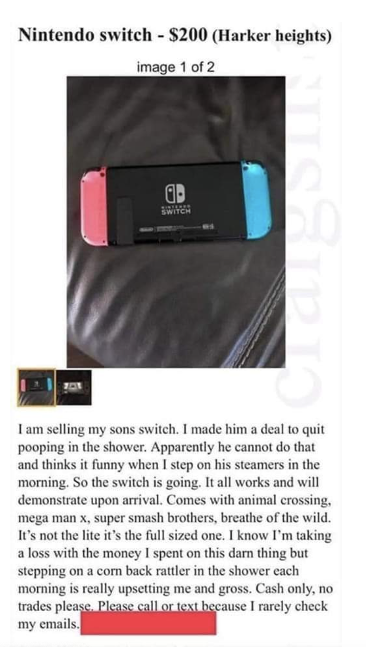 $200 for a used Nintendo Switch because person's son won't stop pooping in the shower