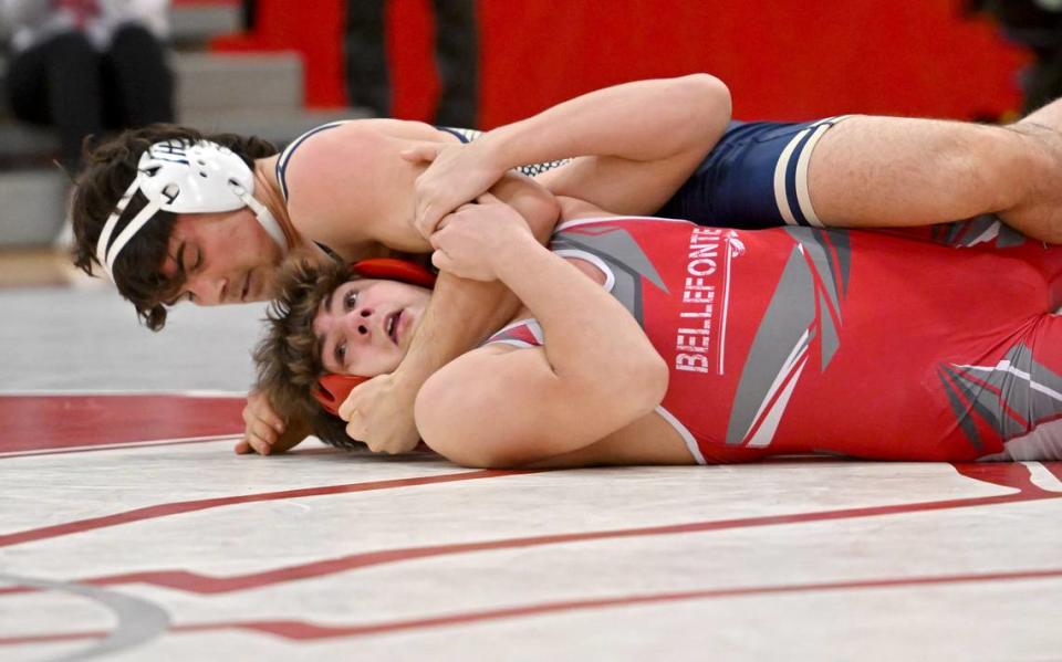 Bald Eagle Area’s Caleb Close controls Bellefonte’s Luke Hockenberry in the 189 lb bout of the match on Tuesday, Jan. 23, 2024. Abby Drey/adrey@centredaily.com