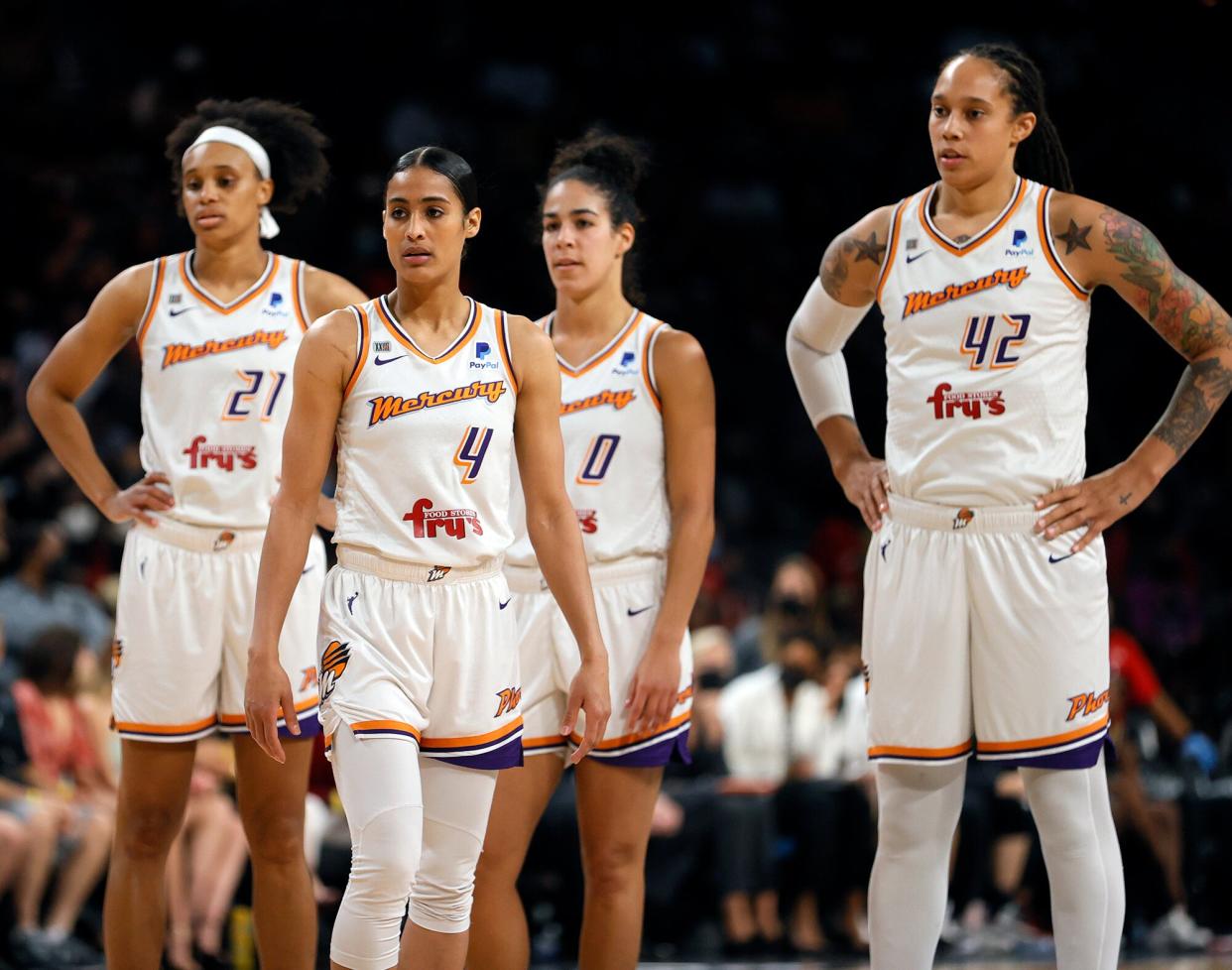 Brianna Turner #21, Skylar Diggins-Smith #4, Kia Nurse #0 and Brittney Griner #42 of the Phoenix Mercury