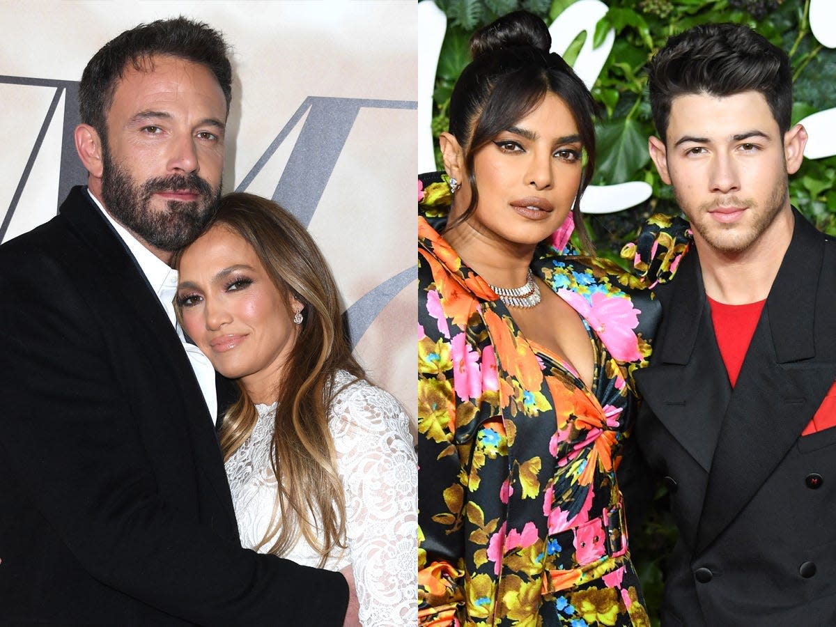 Ben Affleck and Jennifer Lopez in 2022, left; Right, Priyanka Chopra and Nick Jonas in 2021.