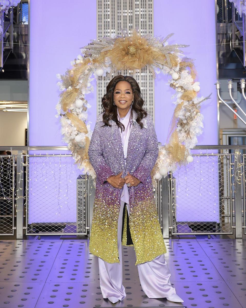 new york, new york december 12 oprah the cast of the color purple light the empire state building in celebration of the premiere at the empire state building on december 12, 2023 in new york city photo by dimitrios kambouris getty images for empire state realty trust