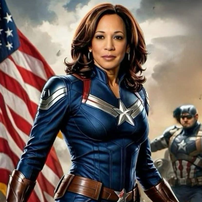 One meme of Kamala Harris depicts her as a superhero