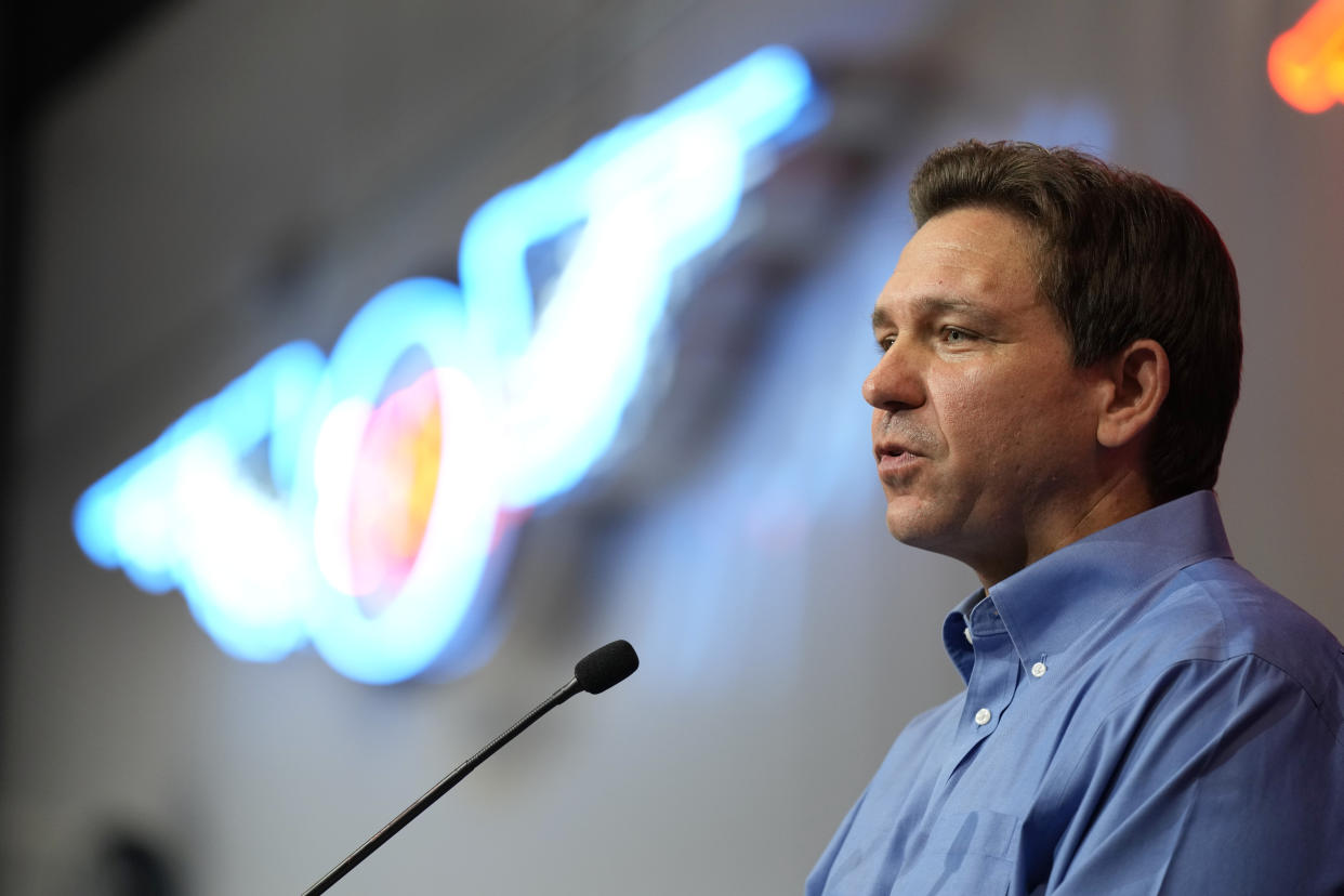 Florida Gov. Ron DeSantis speaks during a fundraising picnic for U.S. Rep. Randy Feenstra, R-Iowa, Saturday, May 13, 2023, in Sioux Center, Iowa. (AP Photo/Charlie Neibergall)