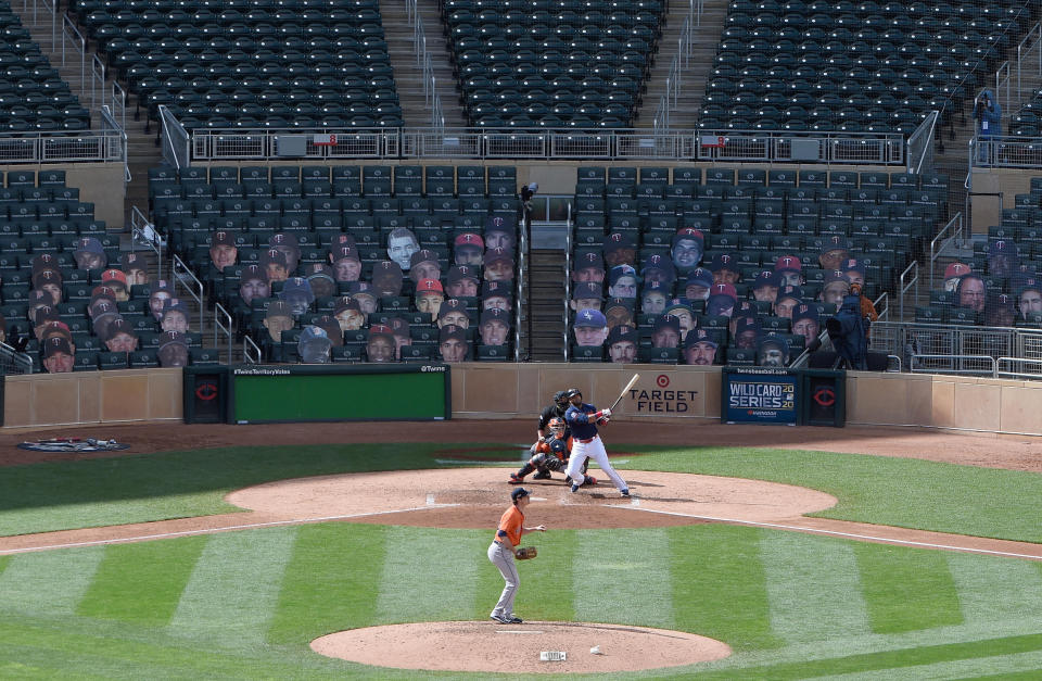 The Minnesota Twins face off against the Houston Astros during the American League Wild Card Round on September 30, 2020, with no fans in attendance.  / Credit: Hannah Foslien / Getty Images
