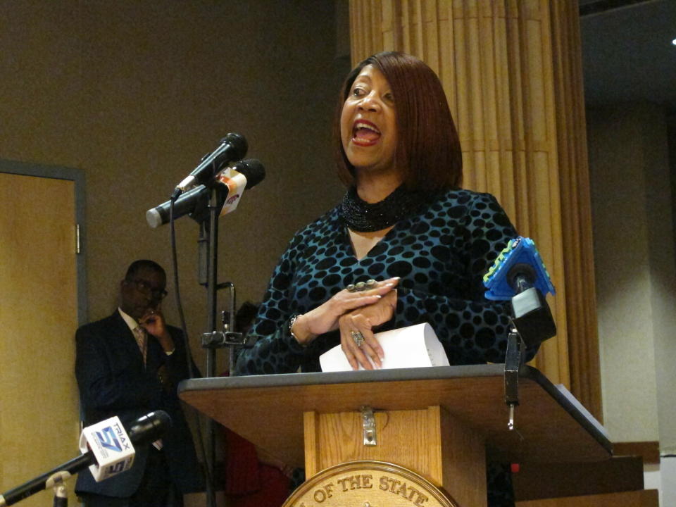 Democratic New Jersey Lt. Gov. Sheila Oliver speaks at an event in Atlantic City N.J. on Tuesday April 23, 2019, at which she said the state's takeover of Atlantic City will remain in place for the full five-year term envisioned by former Republican Gov. Chris Christie when it began in 2016. (Photo/Wayne Parry)