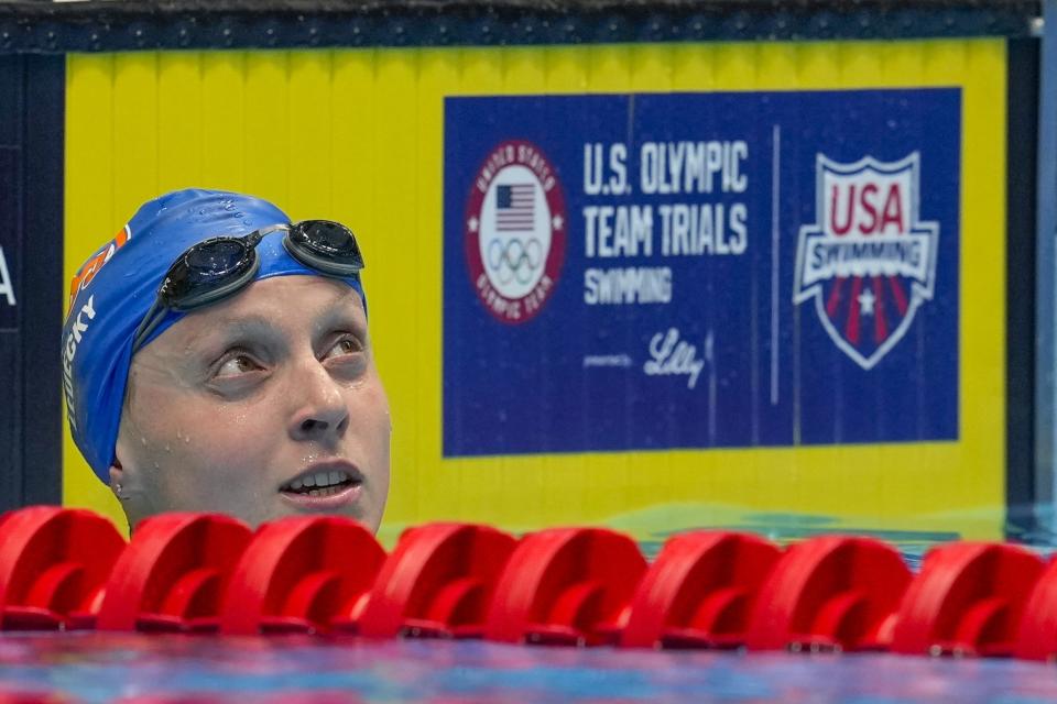 Katie Ledecky after during a Women's 1500 freestyle preliminary heat Tuesday, June 18, 2024, at the US Swimming Olympic Trials in Indianapolis. (AP Photo/Darron Cummings)