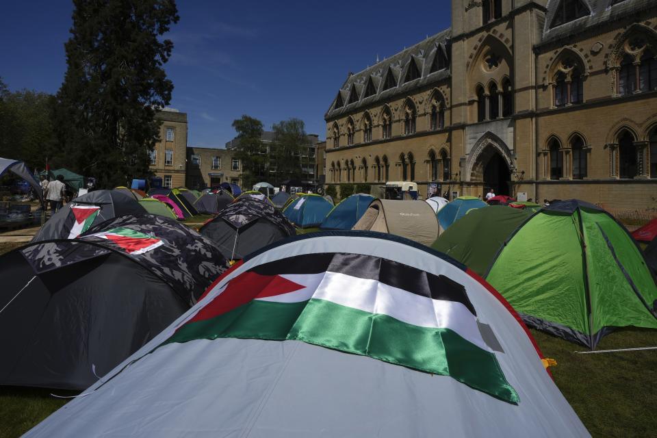 Tents are set up by pro-Palestinians students outside the Pitt Rivers Museum at Oxford, in England, Thursday, May 9, 2024. Students in the UK, including in Leeds, Newcastle and Bristol, have set up tents outside university buildings, replicating the nationwide campus demonstrations which began in the US last month. (AP Photo/Kin Cheung)