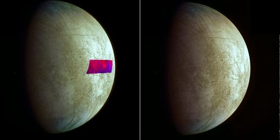 The image at left has a false-color patch that shows the first detection of clay-like minerals on the surface of Jupiter's moon Europa. The clay-like minerals appear in blue. Scientists made the find using data from the Near-Infrared Mapping Sp