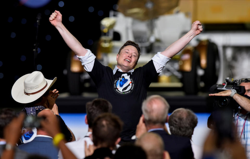 SpaceX CEO and owner Elon Musk celebrates after the launch of a SpaceX Falcon 9 rocket and Crew Dragon spacecraft on NASA's SpaceX Demo-2 mission to the International Space Station from NASA's Kennedy Space Center in Cape Canaveral, Florida, U.S. May 30, 2020. REUTERS/Steve Nesius     TPX IMAGES OF THE DAY