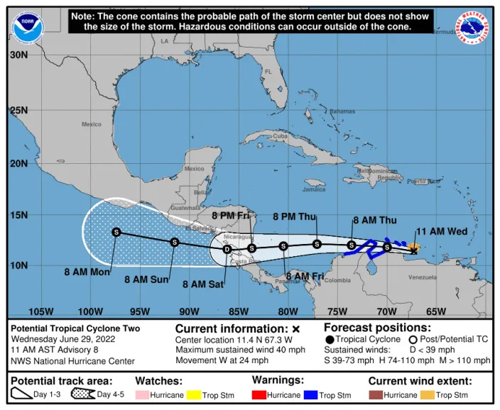 The forecast track of what's expected to become Tropical Storm Bonnie over the next couple of days.