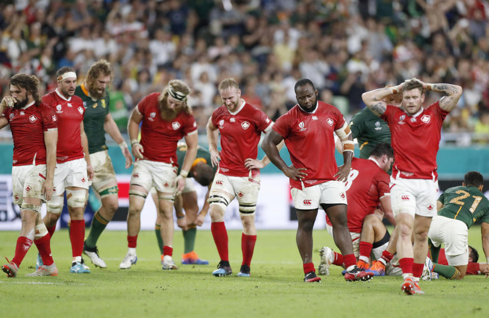 Canadian players react following their 66-7 loss to South Africa in their Rugby World Cup Pool B game at Kobe Misaki Stadium in Kobe, Japan, Tuesday, Oct. 8, 2019./Kyodo News via AP)