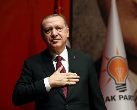 Turkish President Tayyip Erdogan attends a meeting of the ruling AK Party in Ankara, Turkey January 26, 2018. Yasin Bulbul/Presidential Palace/Handout via REUTERS