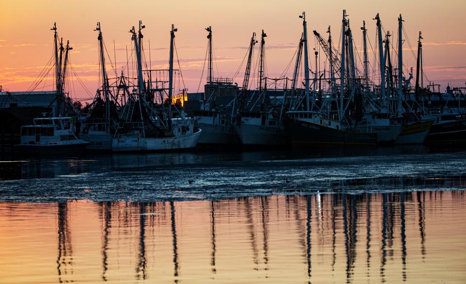 The sun rises over the shrimp docks on San Carlos Island on Fort Myers Beach on Friday, Sept. 15, 2023.