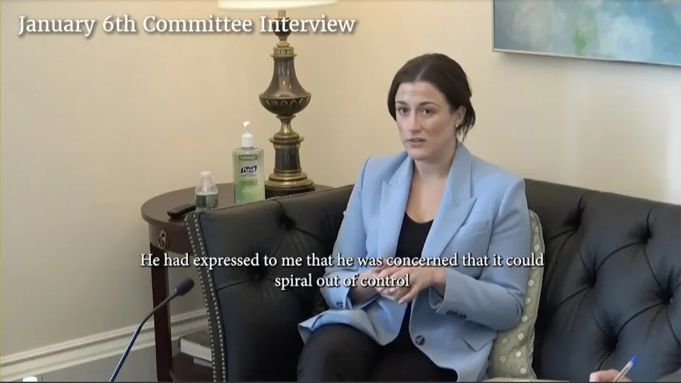 Cassidy Hutchinson during her prerecorded testimony as seen at the House select committee hearing.