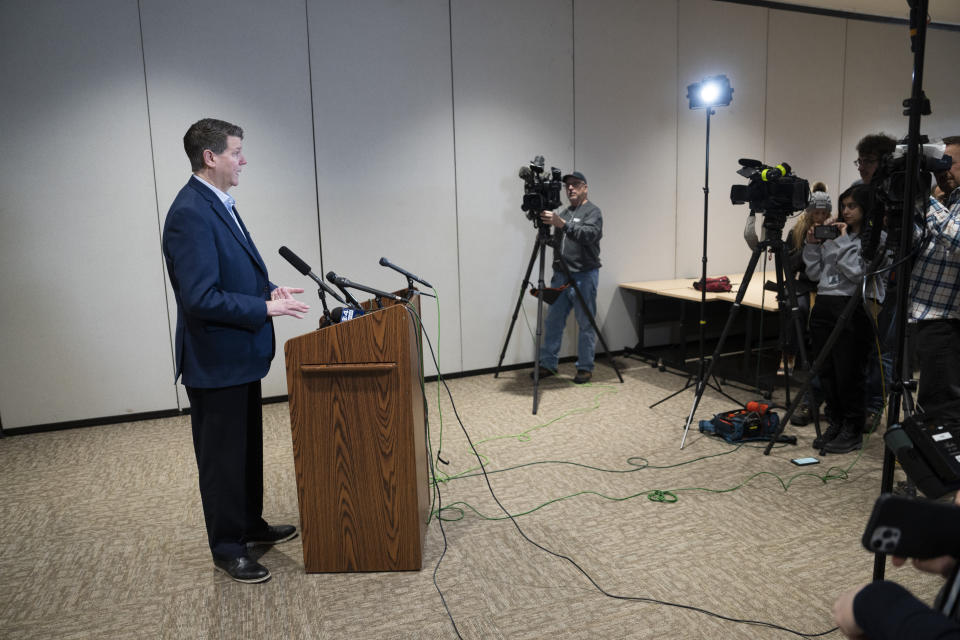 Xcel Energy regional president Christopher B. Clark speaks to the media about a new leak at the nuclear power plant in Monticello, Minn., on Friday, March 24, 2023. A leak of what was believed to be hundreds of gallons of water containing tritium was discovered this week from a temporary fix at the Monticello Nuclear Generating Plant, where 400,000 gallons (1.5 million liters) of water with tritium leaked in November, Xcel Energy said in a statement Thursday. (Renee Jones Schneider /Star Tribune via AP)