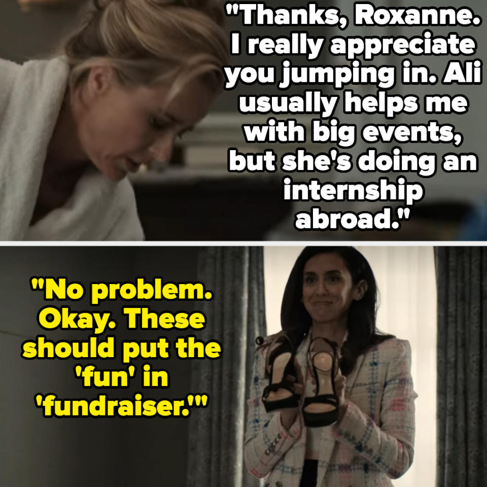 Elizabeth thanks roxanne for helping her, saying ali normally does it but is doing an internship abroad. elizabeth says "no problem" and holds up shoes