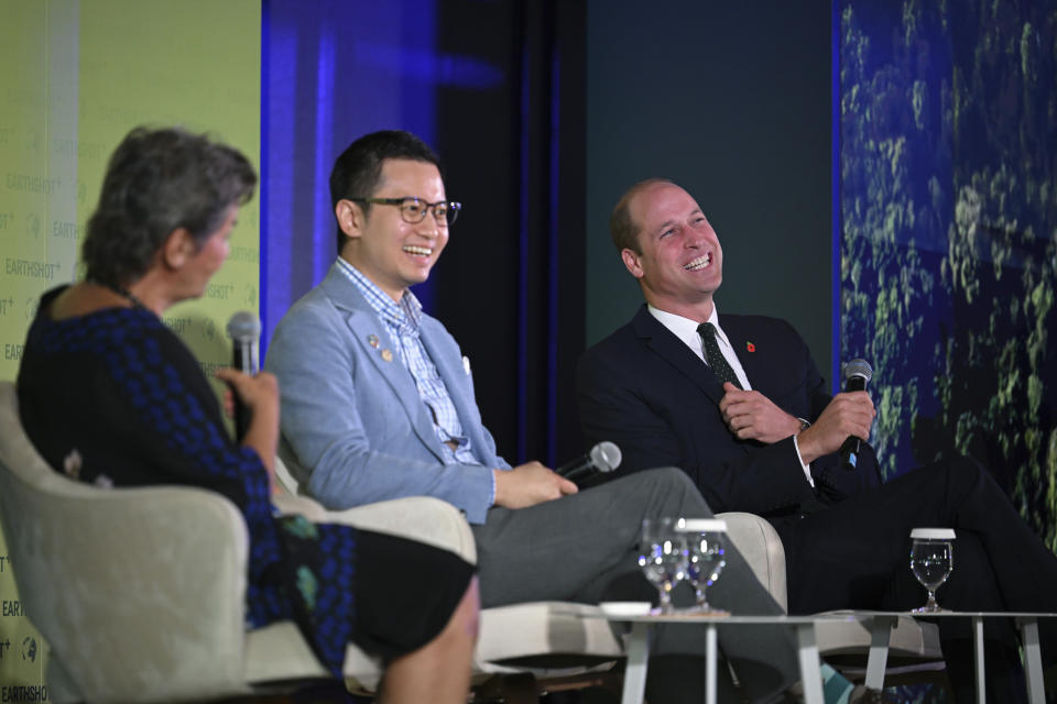 Britain's Prince William, right, takes part in a panel discussion on stage with Earthshot Prize trustee Christiana Figueres, left, and Brandon Ng of Ampd Energy at the Earthshot+ Summit at Park Royal Pickering in Singapore Wednesday, Nov. 8, 2023. William is on a four-day visit to Singapore, where he attended the Earthshot Prize 2023 that aims to reward innovative efforts to combat climate change. (Mohd Rasfan/Pool Photo via AP)