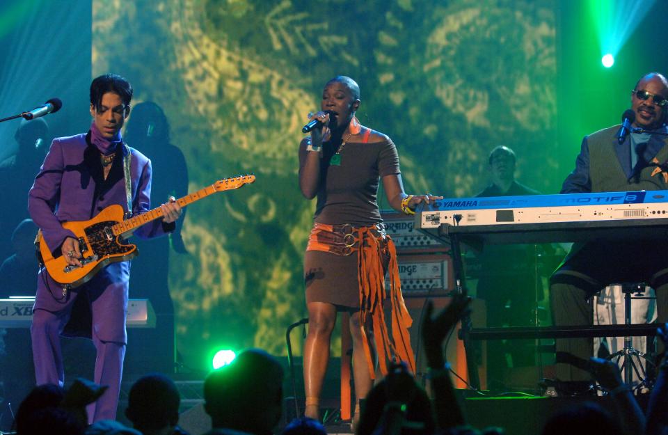 Prince, India.Arie and Stevie Wonder perform "I'm Every Woman" (Photo by M. Caulfield/WireImage)