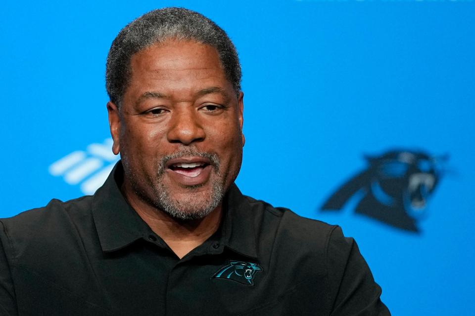 Carolina Panthers' Steve Wilks speaks during a news conference after being named the NFL football team's interim head coach on Oct. 11, 2022. (AP Photo/Chris Carlson) ORG XMIT: NCCC107