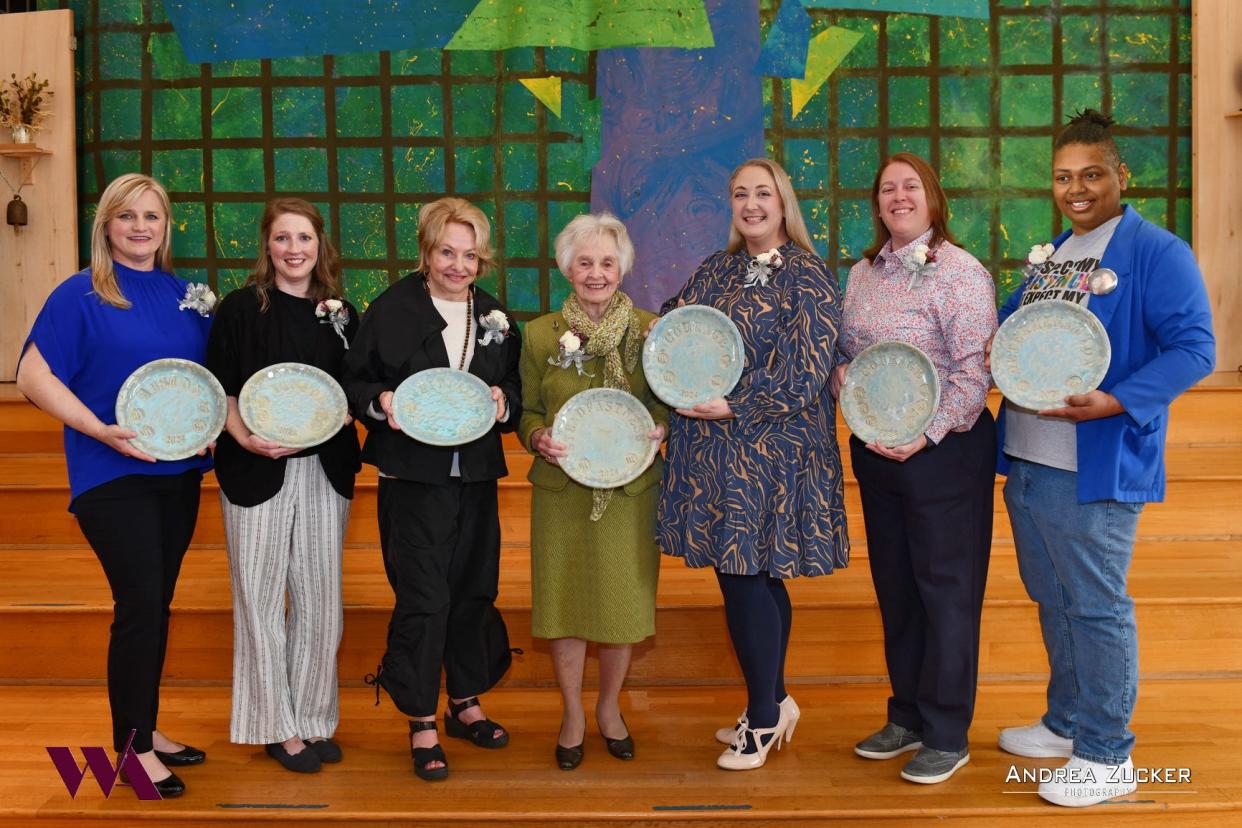 Women of Achievement honorees include, from left, Sara Lynn Johnson Fultz, Amy Moses, Ellen Rolfes, Joy Brown Wiener, Jennifer Murry-Rodley, Vanessa Rodley and Phillis Lewis.