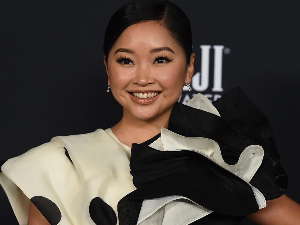 Lana Condor wearing a black and white dress in November 2021.