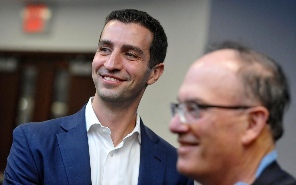 David Stearns, newly named New York Mets President of Baseball Operations, left, stands alongside Mets owner Steve Cohen after Mr. Stearns' introductory news conference at Citi Field in New York on Monday, Oct. 2, 2023.
