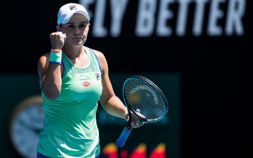 Ashleigh Barty of Australia celebrates her victory in her quarter final match against Petra Kvitova of Czech Republic on day nine of the 2020 Australian Open at Melbourne Park on January 28, 2020 in Melbourne, Australia - Chaz Niell/Getty Images