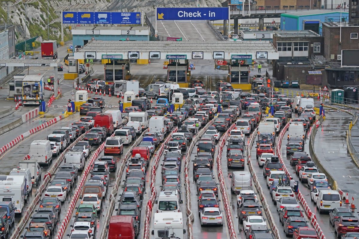 Cars queue at the Port of Dover, Kent, as the busy summer travel period continues on Saturday (PA)