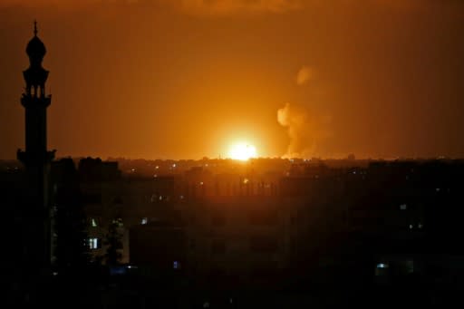 A fireball explodes in Khan Yunis in the southern Gaza Strip during Israeli bombardment on July 20, 2018