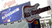 FILE - The new logo for the 2019 All-Star Game is displayed, Tuesday, Aug. 7, 2018, in Cleveland. The Indians are reviewing their contentious nickname. The team released a statement on Friday, July 3, 2020 saying it is committed to “making a positive impact in our community and embrace our responsibility to advance social justice and equality.” The club said it plans to review a nickname it has had since 1905.(AP Photo/Tony Dejak, file)