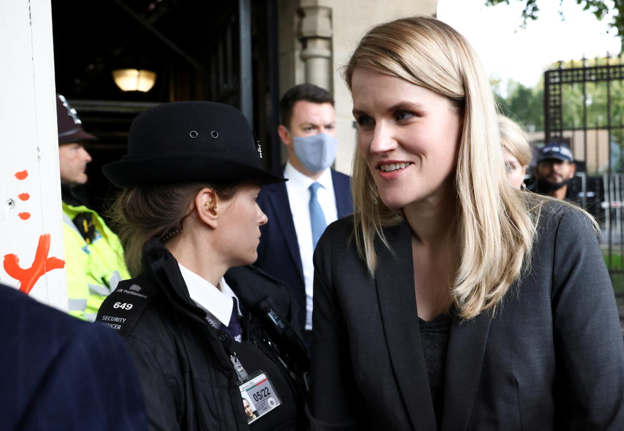 Frances Haugen, a former product manager on Facebook's civic misinformation team, leaves the Houses of Parliament in Westminster, London, Britain October 25, 2021. REUTERS/Henry Nicholls