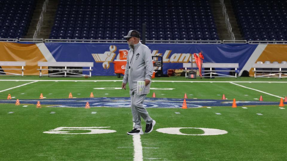 The New Mexico State football team held its first practice on Friday at Ford Field in Detroit. The Aggies are preparing for Monday's Quick Lane Bowl against Bowling Green.
