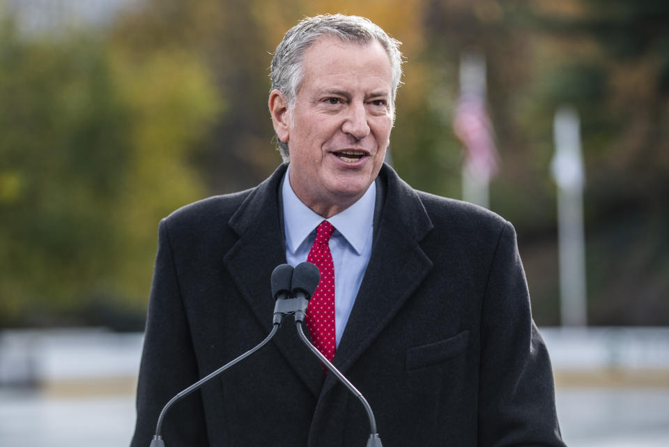 FILE - New York City Mayor Bill de Blasio speaks at the opening of New York's Wollman Rink in Central Park, Nov. 14, 2021. The former New York City mayor was ordered Thursday, June 15, 2023, to pay $475,000 by a city ethics board that found he misused public funds on a police security detail during his failed presidential bid. (AP Photo/Brittainy Newman, File)