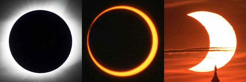 From left to right, these images show a total solar eclipse, annular solar eclipse, and partial solar eclipse. A hybrid eclipse appears as either a total or an annular eclipse, depending on the observer’s location.
Credit: Total eclipse (left): NASA/MSFC/Joseph Matus; annular eclipse (center): NASA/Bill Dunford; partial eclipse (right): NASA/Bill Ingalls