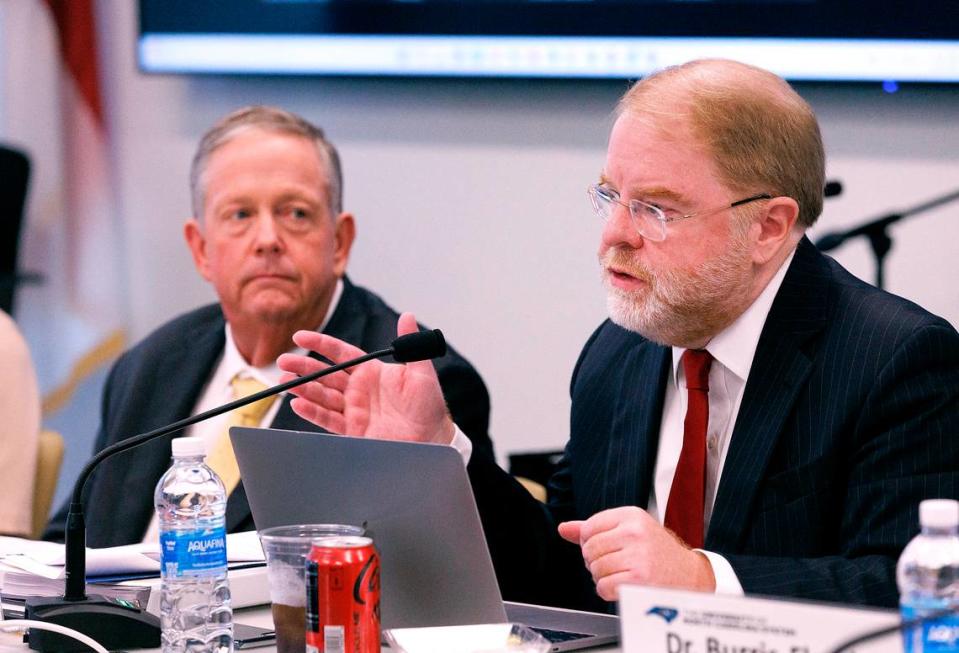 UNC System President Peter Hans speaks during a meeting of the Board of Governors on Thursday, May 23, 2024, in Raleigh, N.C.