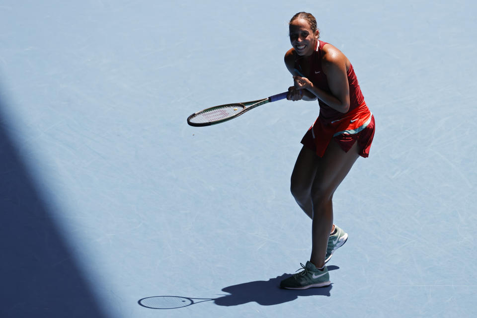 Madison Keys of the U.S. celebrates after defeating Barbora Krejcikova of the Czech Republic in their quarterfinal at the Australian Open tennis championships in Melbourne, Australia, Tuesday, Jan. 25, 2022. (AP Photo/Tertius Pickard)