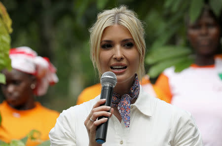 White House Advisor Ivanka Trump talks to women entrepreneurs, at the demonstration cocoa farm in Adzope, Ivory Coast April 17, 2019. REUTERS/Luc Gnago