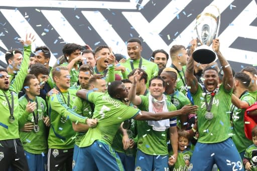 The Seattle Sounders, here celebrating their 3-1 win over Toronto FC in the 2019 MLS Cup final, launch their 2020 season against the Chicago Fire