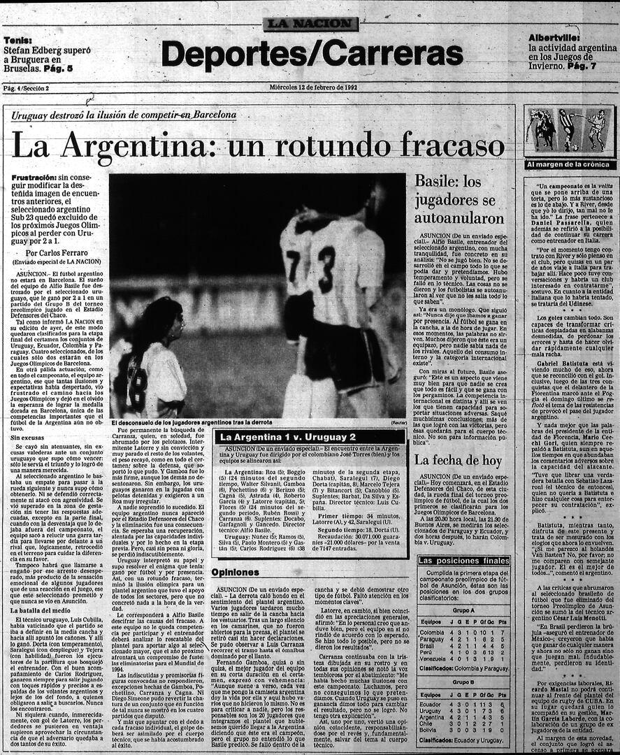 La eliminación del seleccionado en el Preolímpico Sub 23 de 1992, en las páginas de LA NACION