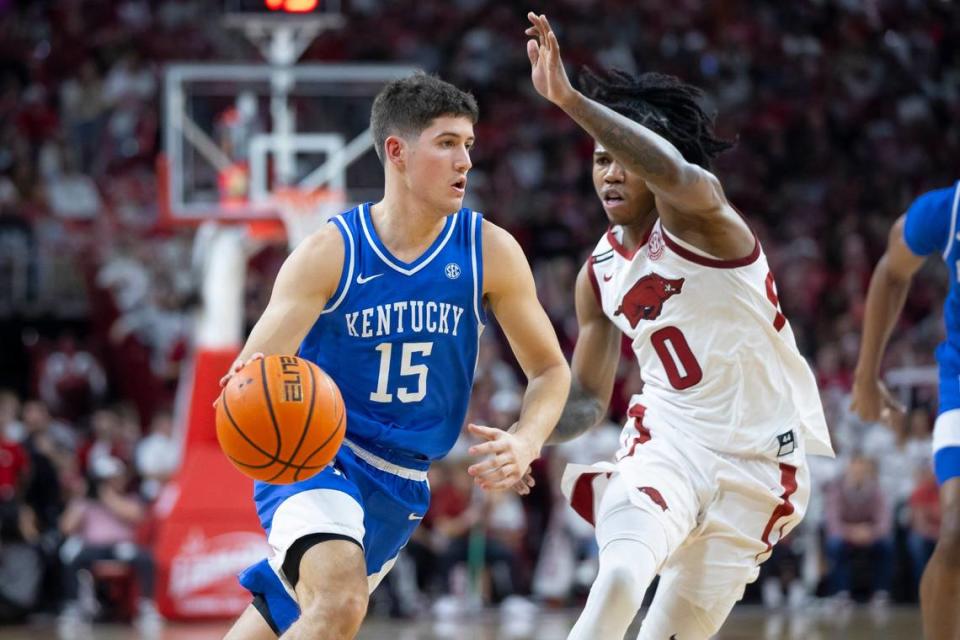 Kentucky freshman guard Reed Sheppard (15) had 14 points, four rebounds, five assists, four steals and a blocked shot in UK’s 63-57 victory at Arkansas on Jan. 27.