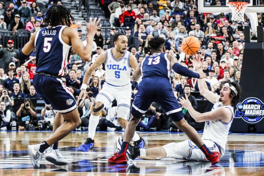 Las Vegas, NV, Thursday, March 23, 2023 - UCLA Bruins guard Jaime Jaquez Jr. (24) passes the ball.